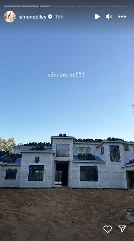 <p>Simone Biles/Instagram</p> Simone Biles shared an exterior shot of the home she's building with her husband on her Instagram Story on Monday.