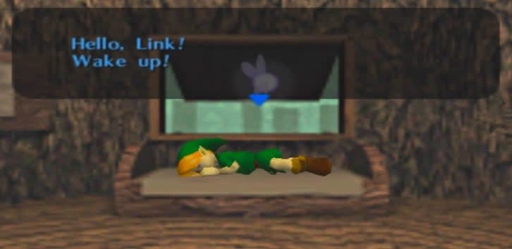 Navi the fairy hovers above sleeping Link saying "Hello, Link! Wake up!"
