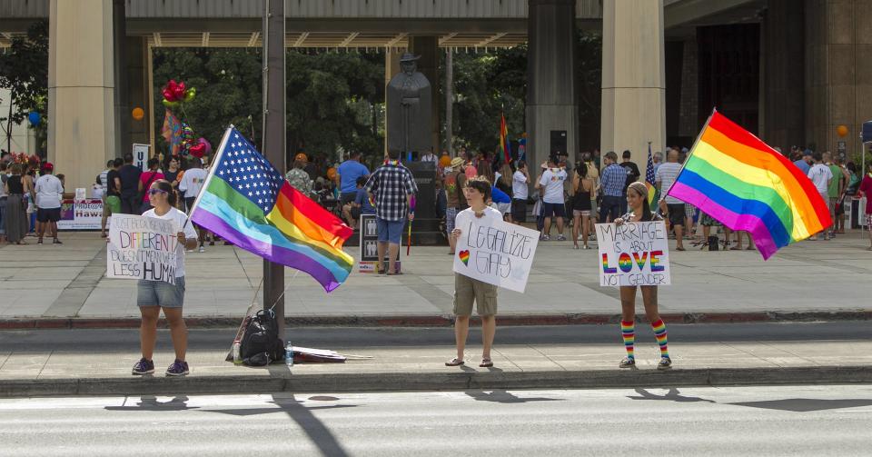 Same sex marriage supporters waves signs during an "All You Need is Love" rally at the Hawaii State Capitol in Honolulu