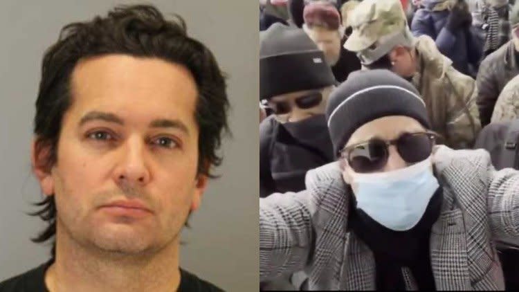 Brandon Straka's mugshot next to a still from him at the January 6, 2021 insurrection at the Capitol.