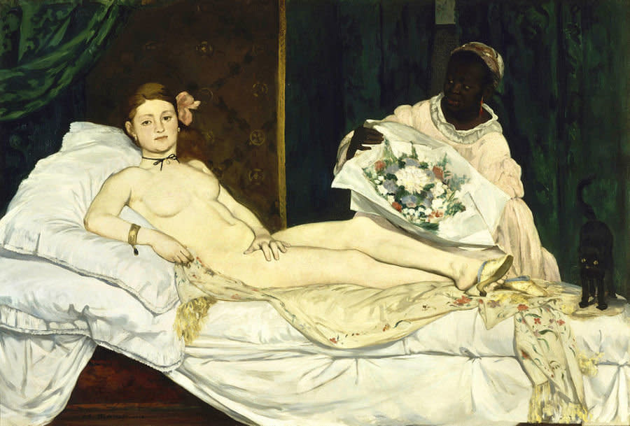 Look familiar? Manet's 1863 painting is based roughly on Titian's "Venus" and Goya's "Nude Maja." According to accounts from writer Antonin Proust, the painting of a prostitute was so scandalous that "only the precautions taken by the administration prevented the painting being punctured and torn" at its debut exhibition.