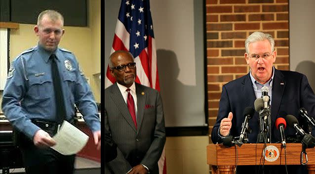 Police Officer Darren Wilson during a previous appearance in court and Missouri Governour. Jay Nixon and St. Louis County Executive Charlie Dooley during the grand jury decision. Photo: Facebook, Getty