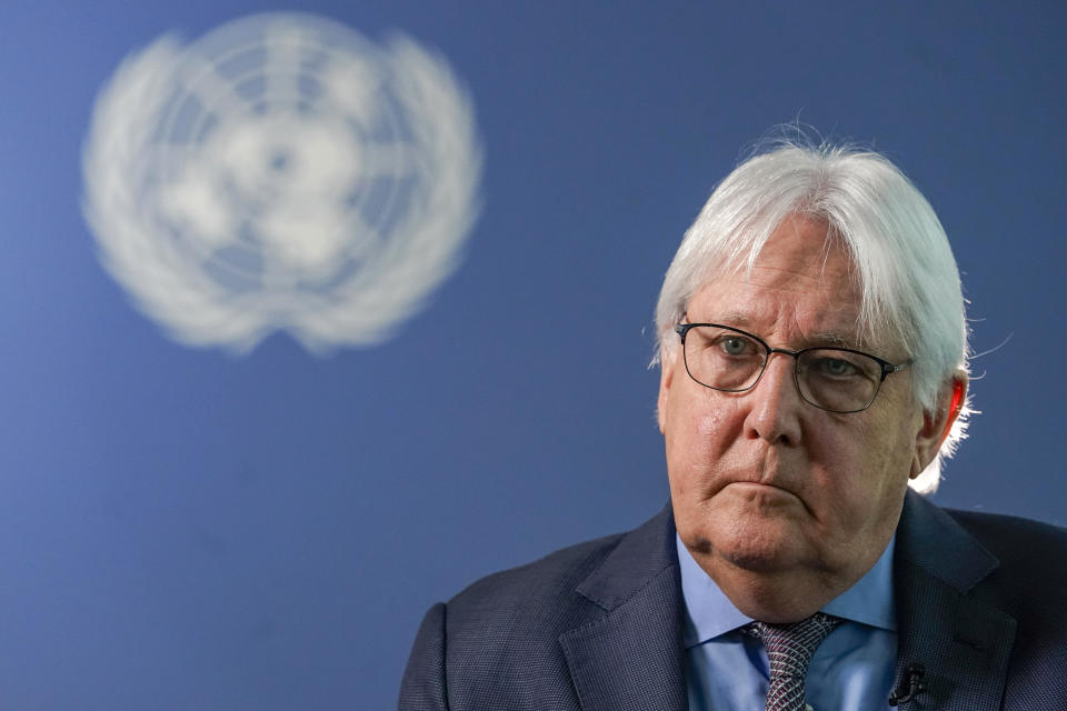 Martin Griffiths, the United Nations humanitarian chief, speaks during an interview with The Associated Press on Tuesday, Sept. 28, 2021, at U.N. headquarters. The crisis in Ethiopia is a “stain on our conscience,” Griffiths says, as children and others starve to death in the country's Tigray region under what the U.N. has called a de facto government blockade of food, medical supplies and fuel. (AP Photo/Mary Altaffer)