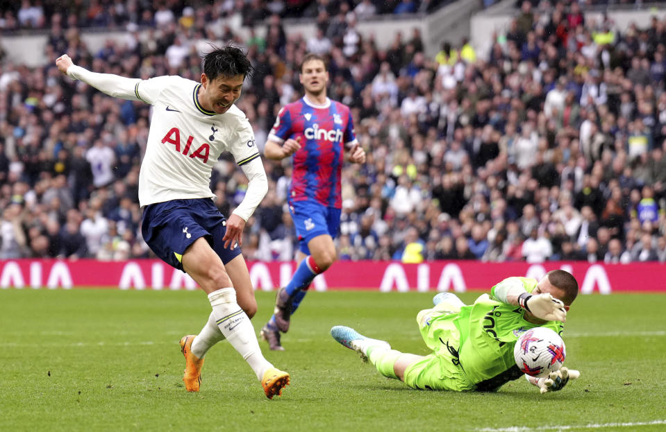 Tottenham Hotspur's Son Heung-min sees his shot saved by Crystal Palace goalkeeper Sam Johnstone during the Premier League match at the Tottenham Hotspur Stadium, London Saturday May 6, 2023. (John Walton/PA via AP)