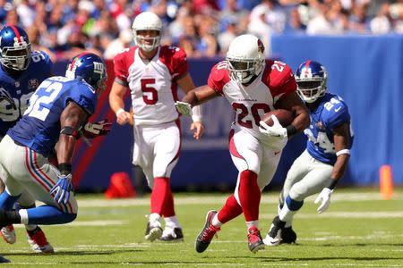 Arizona Cardinals running back Jonathan Dwyer (R) runs against the New York Giants during the first quarter at MetLife Stadium in East Rutherford, NJ in this file photo from September 14, 2014. REUTERS/Brad Penner-USA TODAY/Files