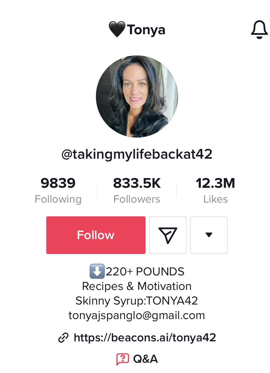 Tonya's TikTok profile: down 220+ pounds, recipes and motivation, and a code for Skinny Syrup