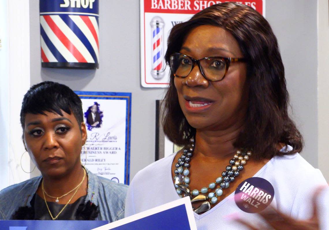 Georgia State Rep. Carolyn Hugley, speaks at a Friday morning press conference in Columbus, Georgia to support Vice President Kamala Harris and her proposal to bolster small businesses. 09/06/2024