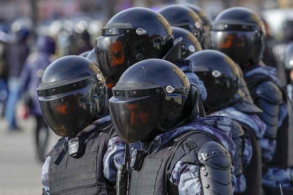 Security forces mass during an anti-war protest in Moscow, Russia on March 06, 2022.