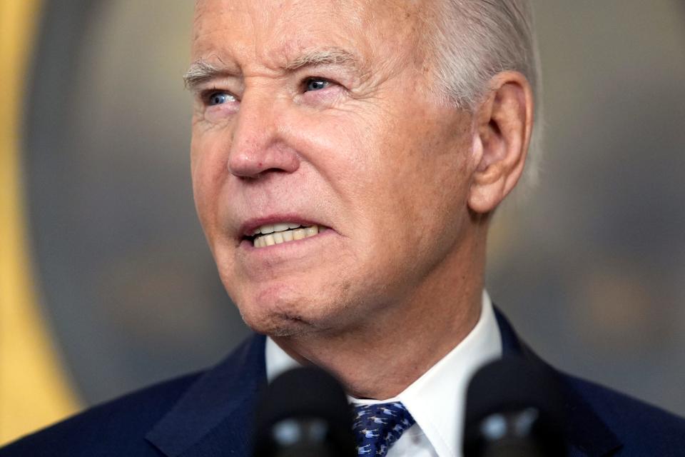 President Joe Biden speaks in the Diplomatic Reception Room of the White House, Thursday, Feb. 8, 2024, in Washington.