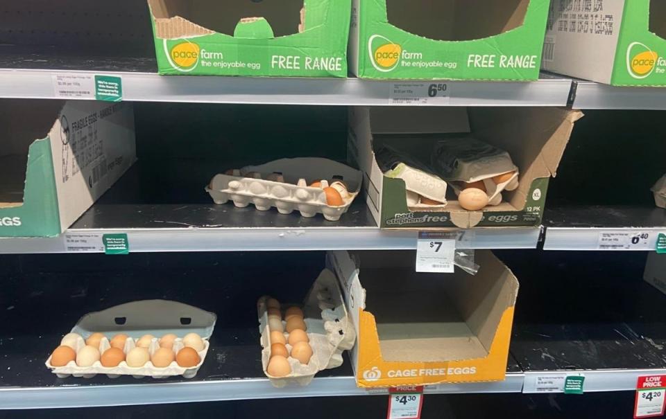 Damaged egg cartons on shelves at Woolworths