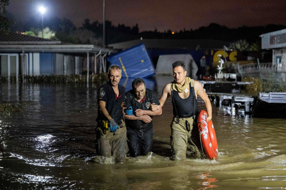 A man is rescued and evacuated during flooding in Istanbul on Sept. 5, 2023. (Yasin Akgul / AFP - Getty Images file)