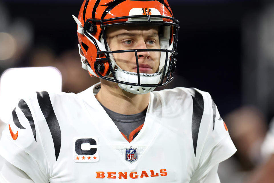 BALTIMORE, MARYLAND - NOVEMBER 16: Quarterback Joe Burrow #9 of the Cincinnati Bengals takes the field before the start of the Bengals and Baltimore Ravens game at M&T Bank Stadium on November 16, 2023 in Baltimore, Maryland. (Photo by Rob Carr/Getty Images)