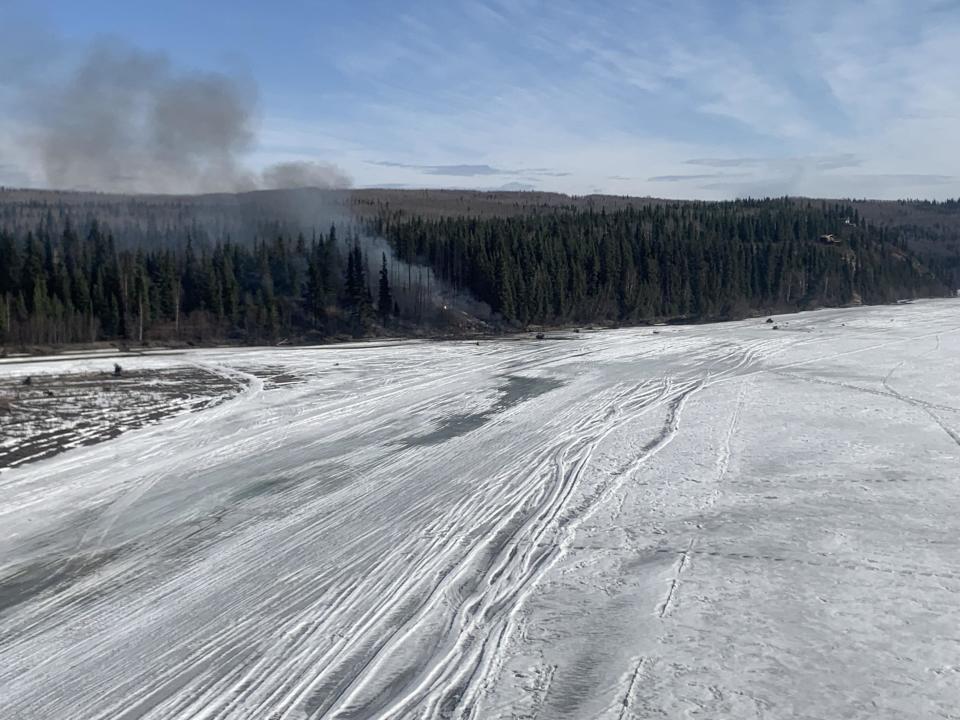 At the crash site of a Douglas DC-4 aircraft off the Tanana River in Fairbanks, Alaska. April 23, 2024.  / Credit: Alaska State Troopers