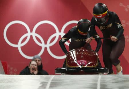 Bobsleigh - Pyeongchang 2018 Winter Olympics - Women's Competition - Olympic Sliding Centre - Pyeongchang, South Korea - February 20, 2018 - Elfje Willemsen and Sara Aerts of Belgium in action. REUTERS/Edgar Su