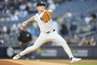 New York Yankees' Clarke Schmidt pitches during the first inning of a baseball game against the Oakland Athletics, Wednesday, April 24, 2024, in New York. (AP Photo/Frank Franklin II)