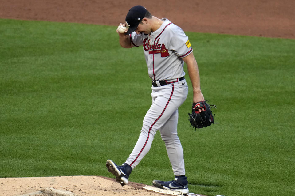 Atlanta Braves starting pitcher Spencer Strider collects himself on the mound during the third inning of a baseball game against the Pittsburgh Pirates in Pittsburgh, Monday, Aug. 7, 2023. (AP Photo/Gene J. Puskar)