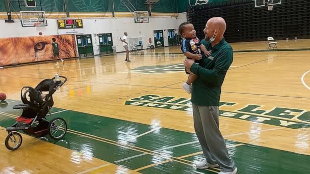 PHOTO: Aiden Webster attends practice for the Saint Leo University basketball team, for which his mom Ashley Webster is an assistant coach. (Courtesy Pam Randall)