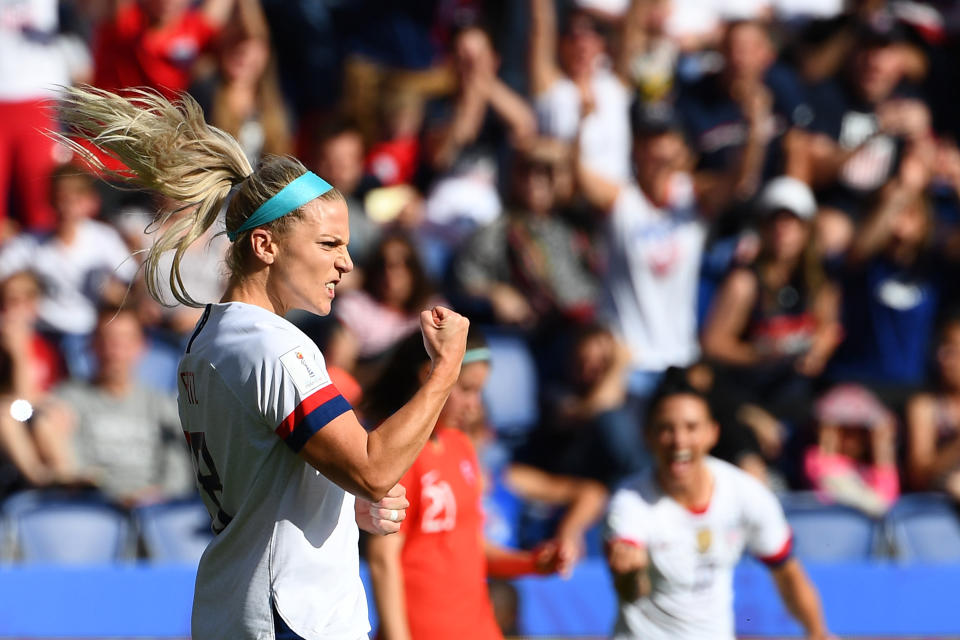 United States' midfielder Julie Ertz celebrates after scoring a goal during the France 2019 Women's World Cup Group F football match between USA and Chile, on June 16, 2019, at the Parc des Princes stadium in Paris. (Photo by FRANCK FIFE / AFP)        (Photo credit should read FRANCK FIFE/AFP/Getty Images)