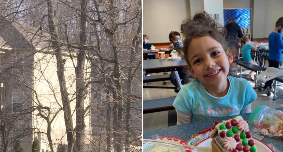 Grace Ross is seen at school right. Left is the wooded area where her body was found in Indiana.