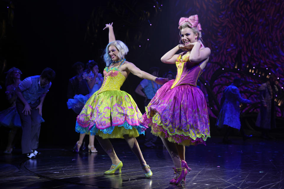 Morgan Higgins, left, and Sami Gayle appear at the curtain call for "Bad Cinderella" on opening night at the Imperial Theatre on Thursday, March 23, 2023, in New York. (Photo by Charles Sykes/Invision/AP)