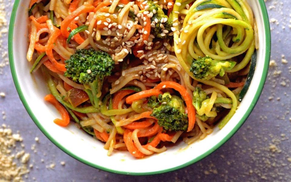 <p>Cut calories without sacrificing flavor with these Asian soba noodles using peanut butter powder.</p><p><strong>Get the recipe: <a href="https://parade.com/842362/communitytable/asian-peanut-noodles-using-peanut-butter-powder/" rel="nofollow noopener" target="_blank" data-ylk="slk:Asian Peanut Butter Soba Noodles;elm:context_link;itc:0;sec:content-canvas" class="link "><em>Asian Peanut Butter Soba Noodles</em></a></strong></p>