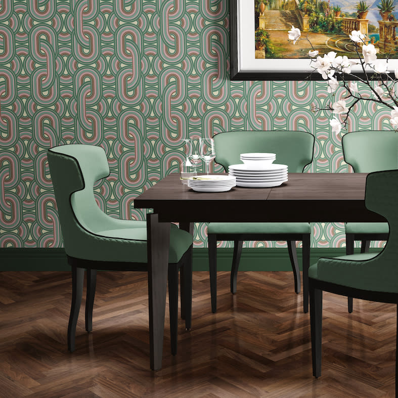 A dining room in retro wallpaper