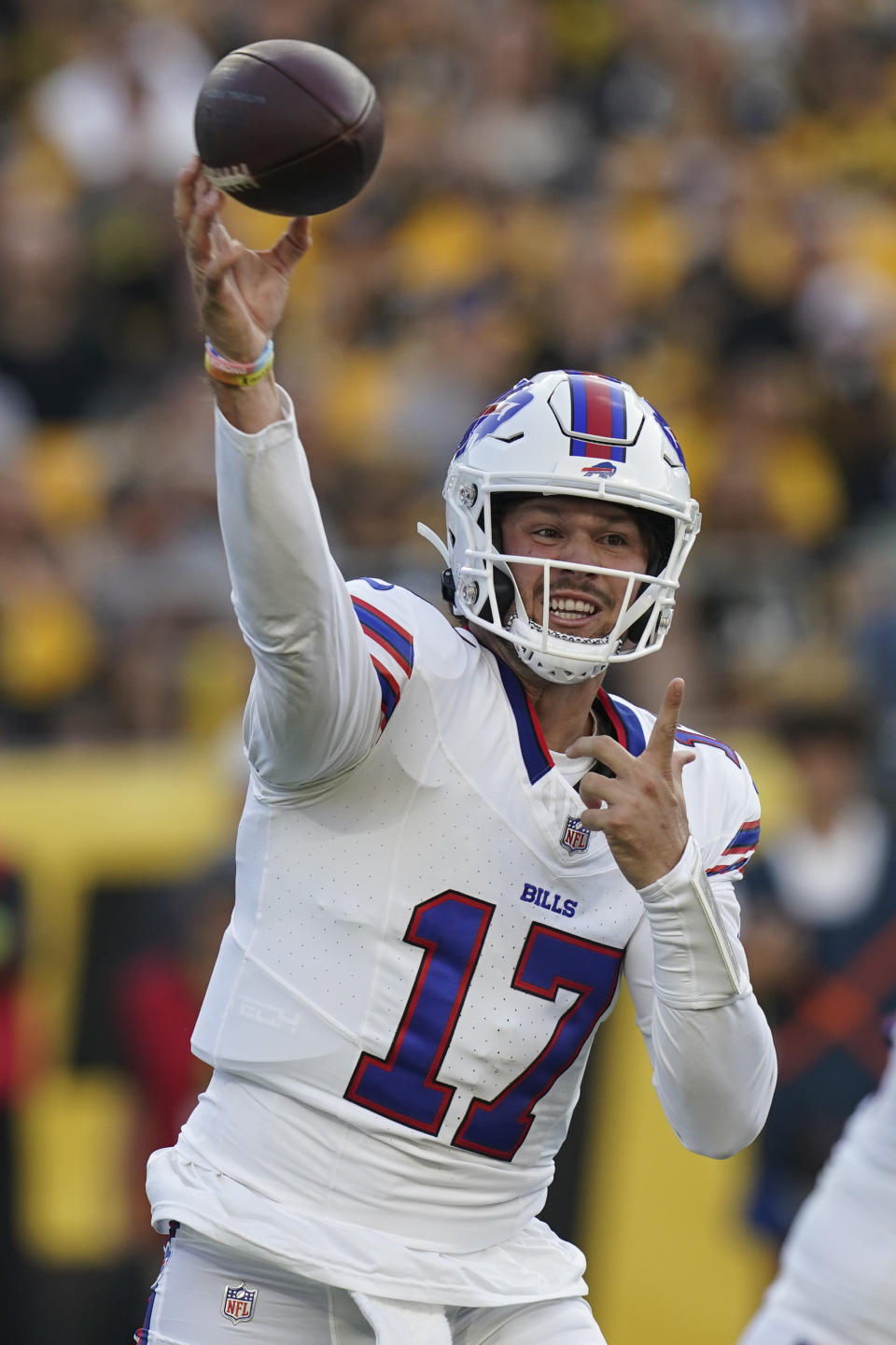 Buffalo Bills quarterback Josh Allen (17) throws the ball in the first half of an NFL preseason football game against the Pittsburgh Steelers in Pittsburgh, Saturday, Aug. 19, 2023. (AP Photo/Matt Freed)