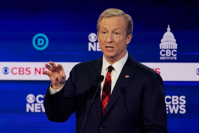 Billionaire activist Tom Steyer speaks during the tenth Democratic 2020 presidential debate at the Gaillard Center in Charleston, South Carolina, U.S.