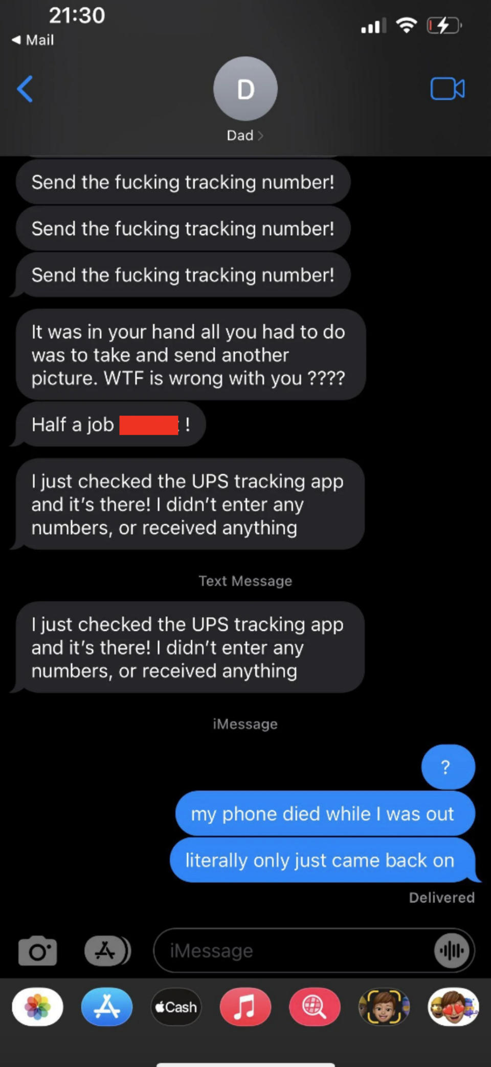 Dad threatening daughter when she wouldn't provide him with a package tracking number