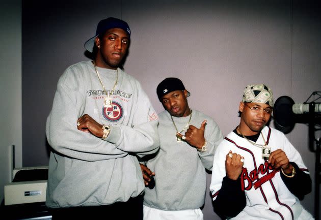 Cash Money Millionaires CEOs Slim (Ronald Jay Williams) and Baby (Bryan Christopher Williams) pose for photos with rapper Juvenile at WGCI-FM radio in Chicago in March 1999. (Photo By Raymond Boyd/Getty Images)