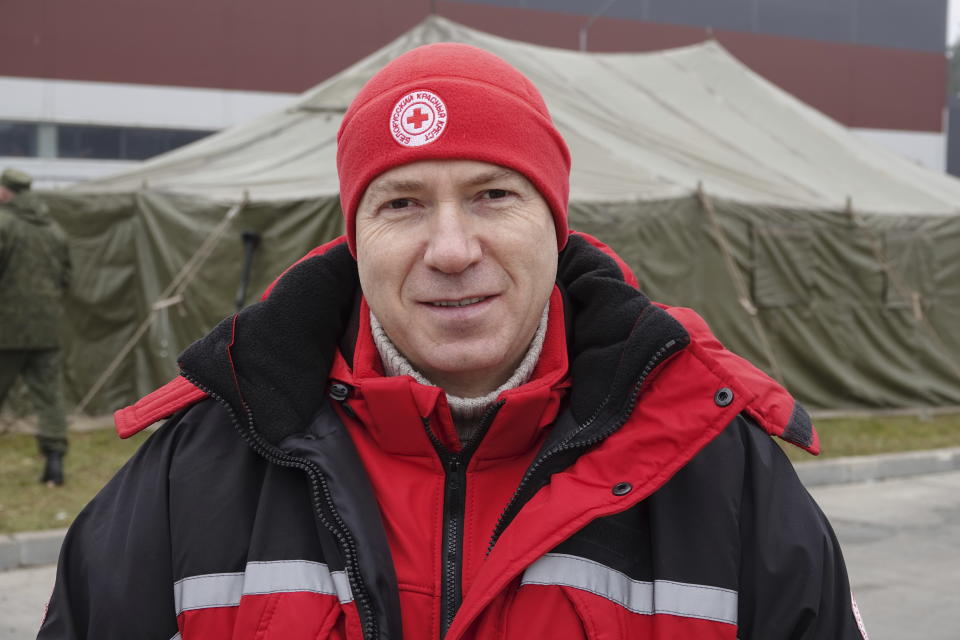 Dzmitry Shautsou, the head of the Belarus Red Cross talks to the German Press Agency in Belarus near the Polish border on Nov. 17, 2021. The international Red Cross is calling for the ouster of Shautsou, who stirred international outrage for boasting that it was actively ferrying Ukrainian children from Russian-controlled areas to Belarus. (Ulf Mauder/DPA via AP)