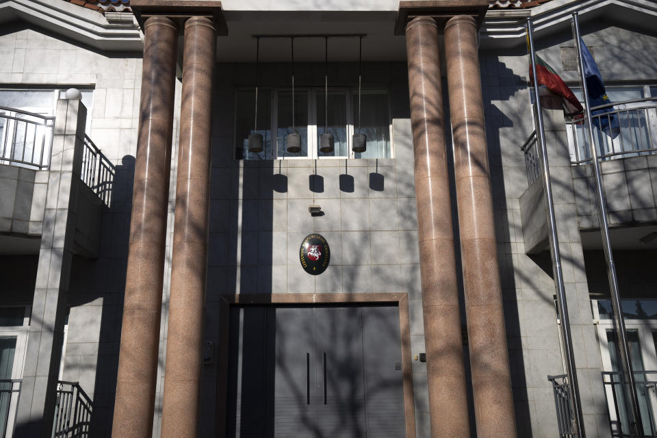 The closed Lithuanian Embassy is seen in Beijing, Thursday, Dec. 16, 2021. China lashed out at the United States on Thursday, Jan. 6, 2022, over its support for the European nation of Lithuania in its feud with Beijing over relations with Taiwan. (AP Photo/Mark Schiefelbein)