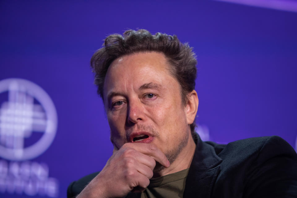 BEVERLY HILLS, CALIFORNIA - MAY 6: Elon Musk, co-founder of Tesla and SpaceX and owner of X Holdings Corp., speaks at the Milken Institute's Global Conference at the Beverly Hilton Hotel,on May 6, 2024 in Beverly Hills, California. The 27th annual global conference explores various topics, from the rise of generative AI to electric vehicle trends and features participants, soccer star David Beckham and actor Ashton Kutcher. (Photo by Apu Gomes/Getty Images)