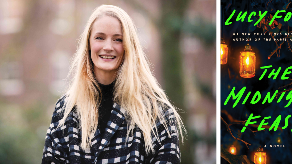 lucy foley smiles at the camera next to an image of the cover of the midnight feast