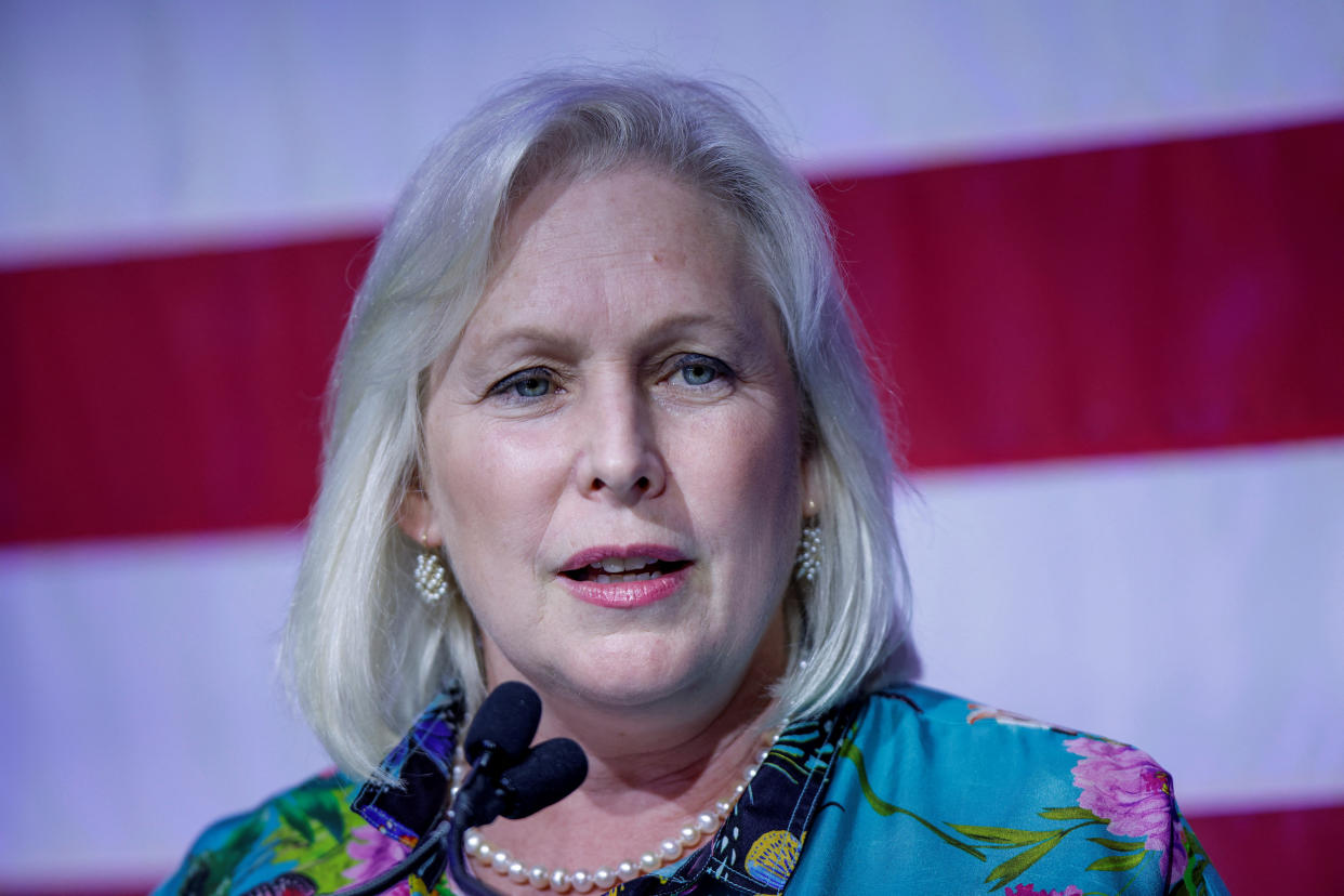 U.S. Senator Kirsten Gillibrand (D-NY) speaks to attendees while they take part in the New York Democrats for Election Night Watch Party with Governor Kathy Hochul and Lieutenant Governor Antonio Delgado during New York primary election 2022 in New York, U.S., June 28, 2022.  REUTERS/Eduardo Munoz