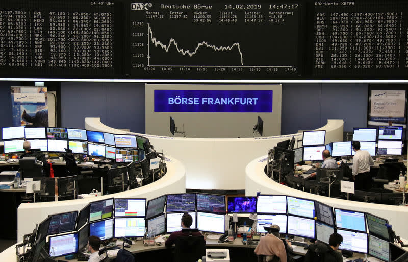 FILE PHOTO: The German share price index DAX graph is pictured at the stock exchange in Frankfurt, Germany, February 14, 2019. REUTERS/Staff