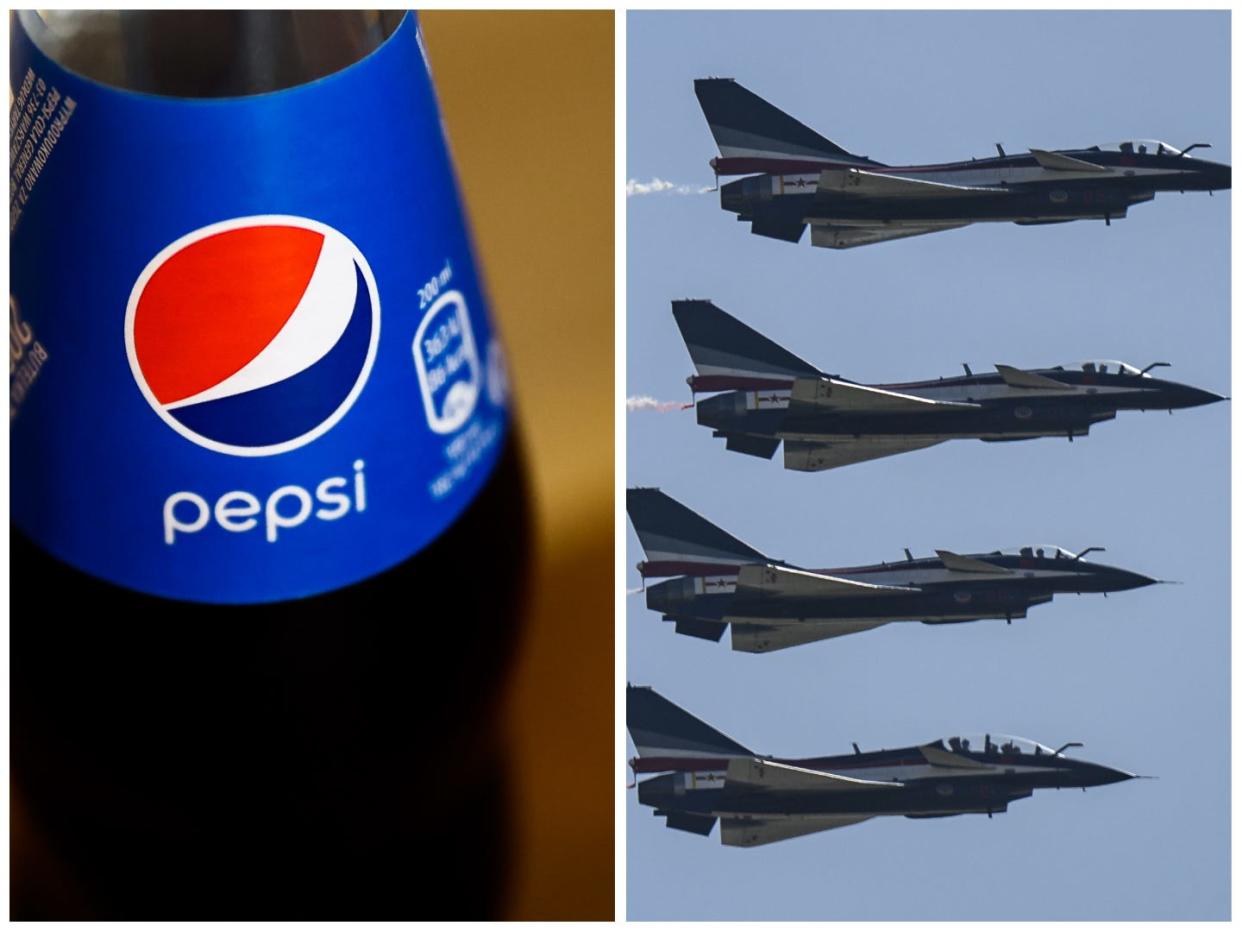 Left: Pepsi bottle. Right: group of fighter jets.