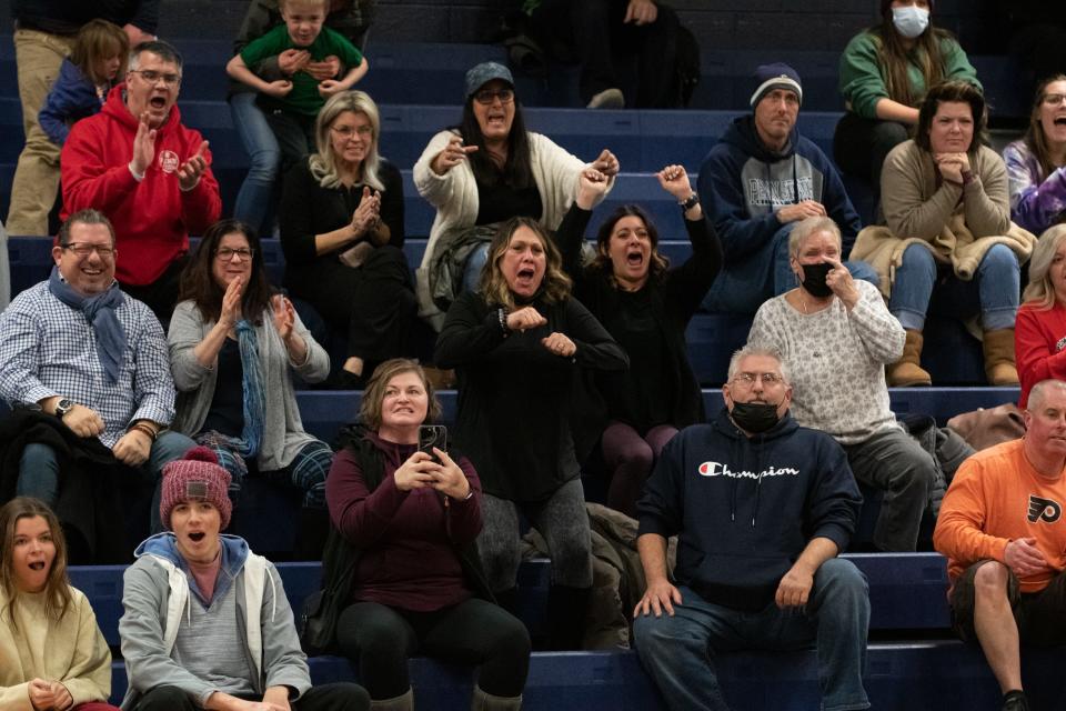 The crowd reacts during a duals meet between Central Bucks East and Pennridge, on Wednesday, January 12, 2021, at Central Bucks East High School in Buckingham. The Rams narrowly defeated the Patriots 30-29.