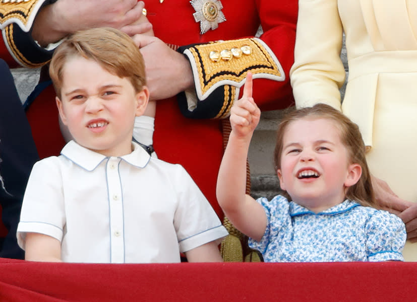 <p>Prince George with Princess Charlotte watching a flypast from the balcony of Buckingham Palace during Trooping The Colour in 2019. He didn't look so sure. (Max Mumby/Indigo/Getty Images)</p> 