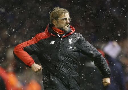 Football Soccer - Liverpool v Arsenal - Barclays Premier League - Anfield - 13/1/16 Liverpool manager Juergen Klopp celebrates after Joe Allen (not pictured) scores their third goal. Action Images via Reuters / Carl Recine