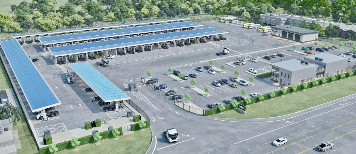 A rendering shows the design for a large-scale electric-truck charging center near the Port of Savannah.