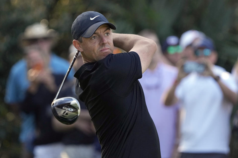 Rory McIlroy, of Northern Ireland, hits his tee shot on the 15th tee during the first round of The Players Championship golf tournament Thursday, March 14, 2024, in Ponte Vedra Beach, Fla. (AP Photo/Lynne Sladky)