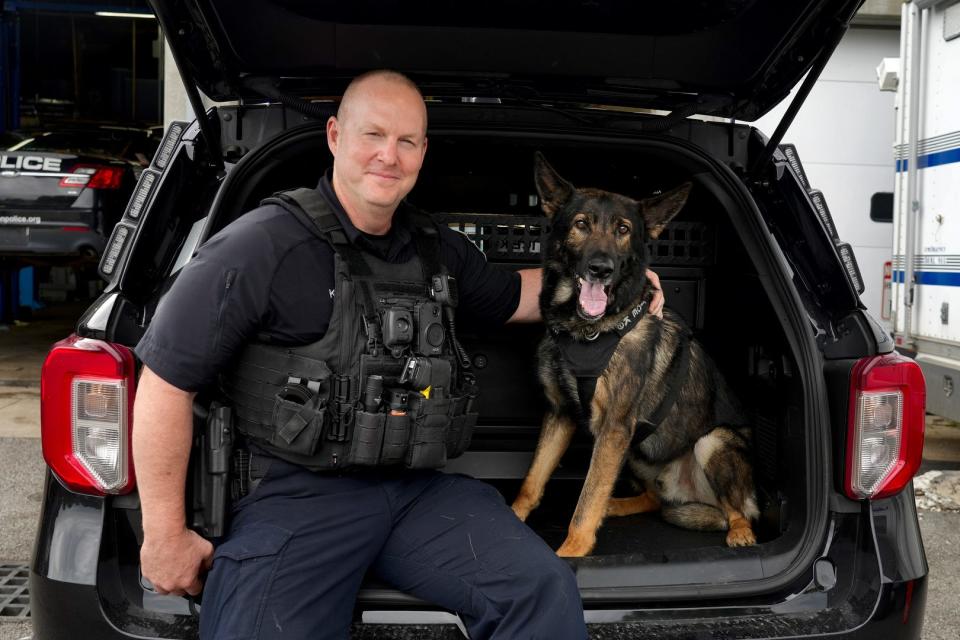 Warwick police K-9 officer Aaron Steere and K-9 Garry on Wednesday, Steere's first day wearing a body cam.