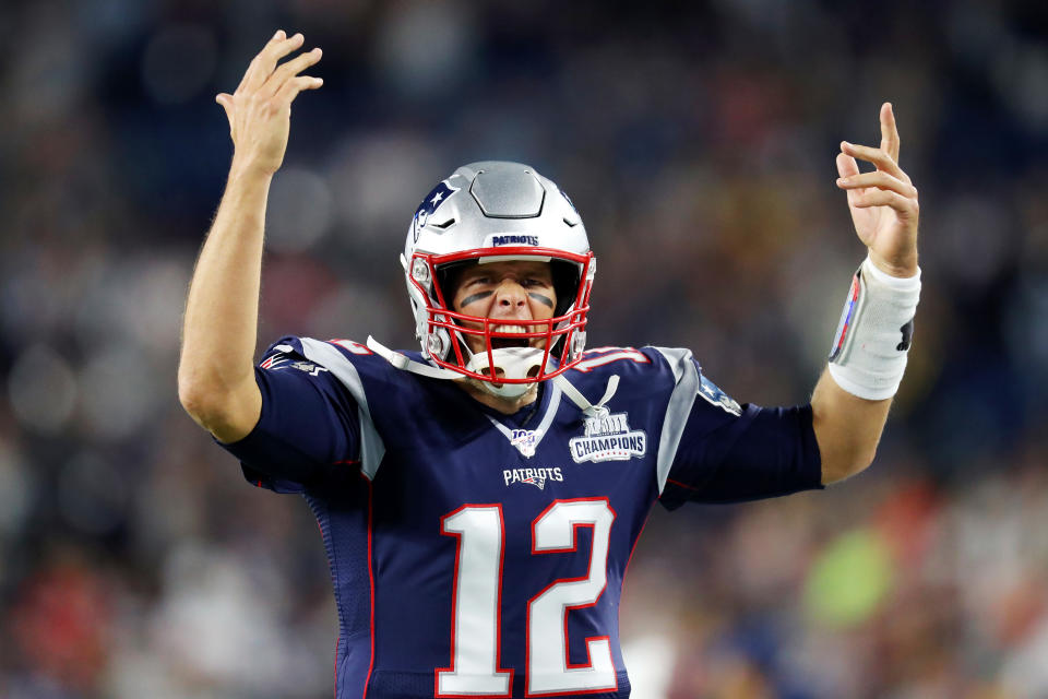 Tom Brady #12 of the New England Patriots reacts as he runs onto the field before the game against the Pittsburgh Steelers at Gillette Stadium on September 08, 2019 in Foxborough, Massachusetts. (Photo by Maddie Meyer/Getty Images)