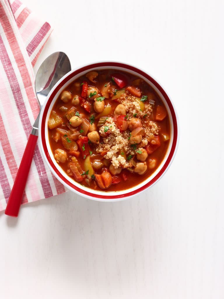 <p>This quick and easy soup combines all the protein you could possibly want with the yummy taste of red and yellow peppers, carrots, paprika, and so much more. </p><p><em>Get the <a href="https://www.womansday.com/food-recipes/food-drinks/recipes/a12561/chickpea-red-pepper-soup-quinoa-recipe-wdy0214/" rel="nofollow noopener" target="_blank" data-ylk="slk:Chickpea and Red Pepper Soup with Quinoa recipe;elm:context_link;itc:0;sec:content-canvas" class="link ">Chickpea and Red Pepper Soup with Quinoa recipe</a>.</em></p>