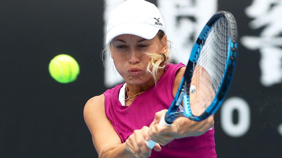 Seen here, Yulia Putintseva in action against Victoria Azarenka in an Australian Open warm-up match.