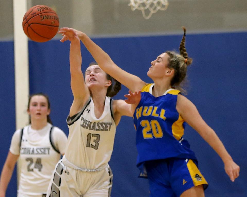 Cohasset's Angelina Grimes tries to jump in front of the pass to Hull’s Fallon Ryan during fourth quarter action of their game against Hull at Cohasset High on Friday, Jan. 6, 2023. 