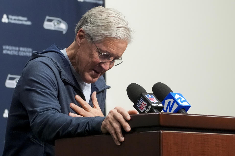 Former Seattle Seahawks head coach Pete Carroll becomes emotional while speaking during a media availability after it was announced he will not return as head coach next season, Wednesday, Jan. 10, 2024, at the NFL football team's headquarters in Renton, Wash. Carroll will remain with the organization as an advisor. (AP Photo/Lindsey Wasson)