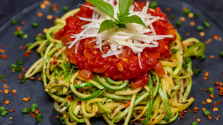 Plate of cooked zucchini noodles