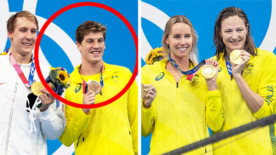 Swimmers Chase Kalisz and Brendon Smith (pictured left) smile on the podium without masks and (pictured right) Emma McKeon and Cate Campbell showing off their gold medal in Tokyo.